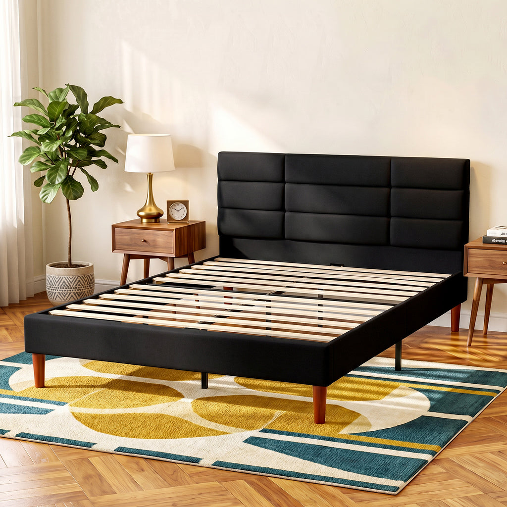 Cadre de Lit 140 x 200 cm avec Sommier Bois, Lit Double Rembourré en Effet Lin, Rangement au-dessous, Sans Bruit, Noir-1