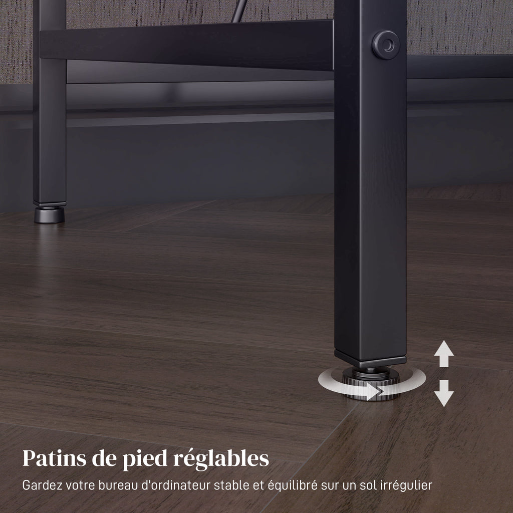 Bureau d'angle réversible, bureau d'ordinateur avec LED, 2 prises et 2 ports USB et panier réglable, 107x80x90cm, noir-8