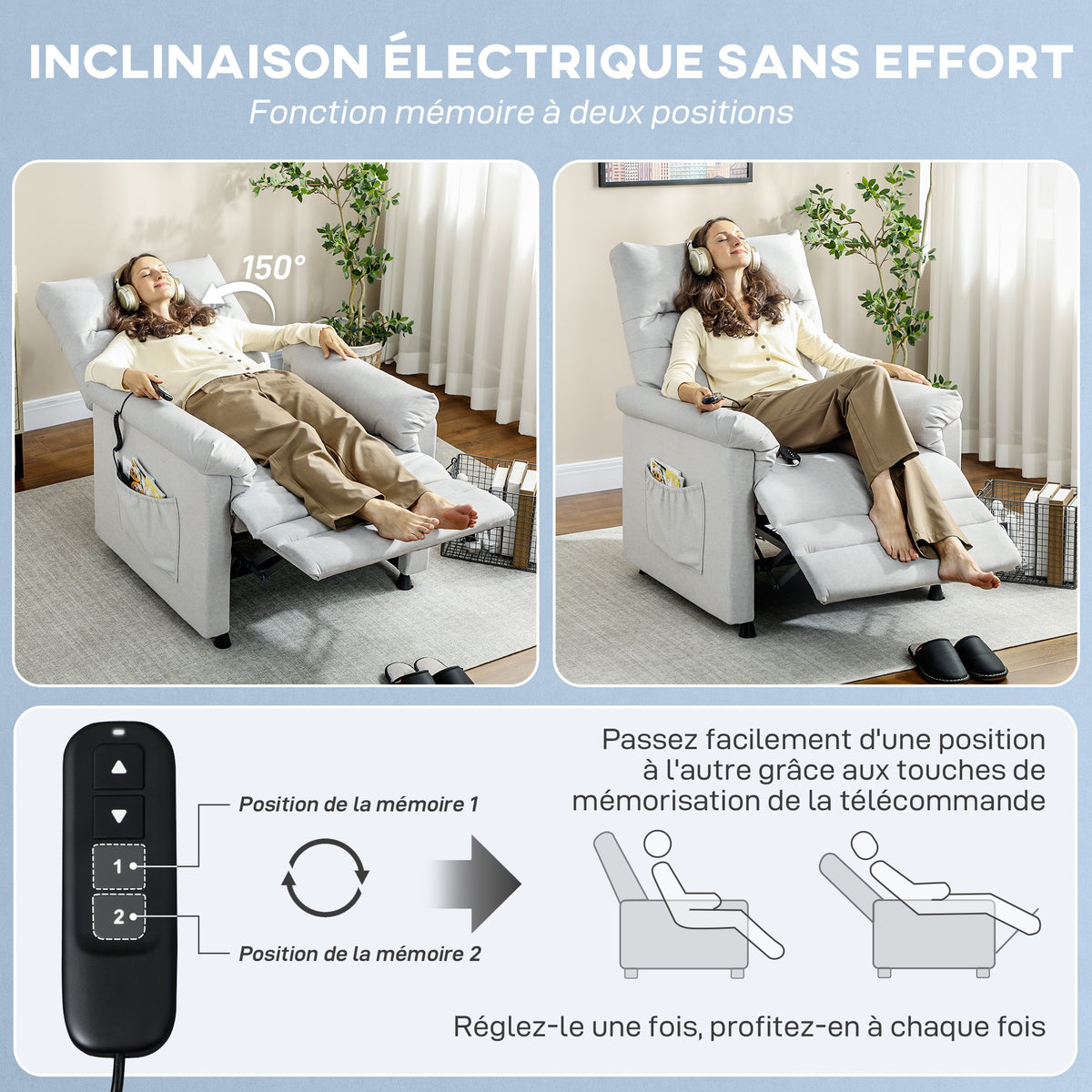 Fauteuil relax électrique massant et chauffant, fauteuil inclinable, repose-pieds, moteur silencieux, 82x99x106cm, gris-4