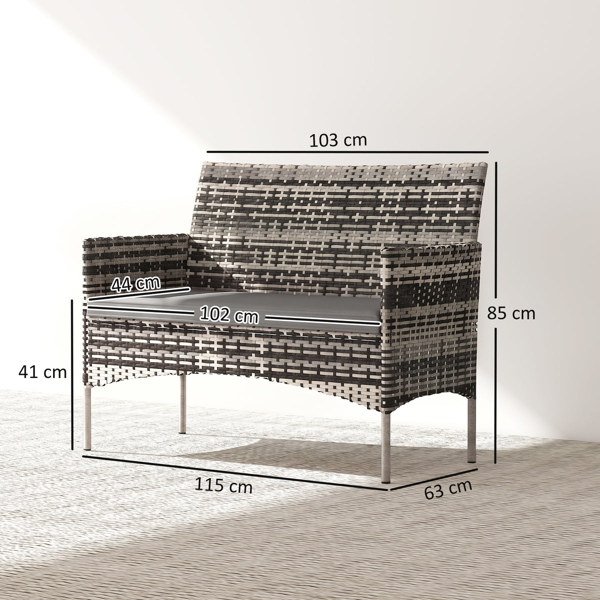 Canapé de jardin 2 places en résine tressée avec coussins canapé d'extérieur avec accoudoirs 115 x 63 x 85 cm gris clair-2