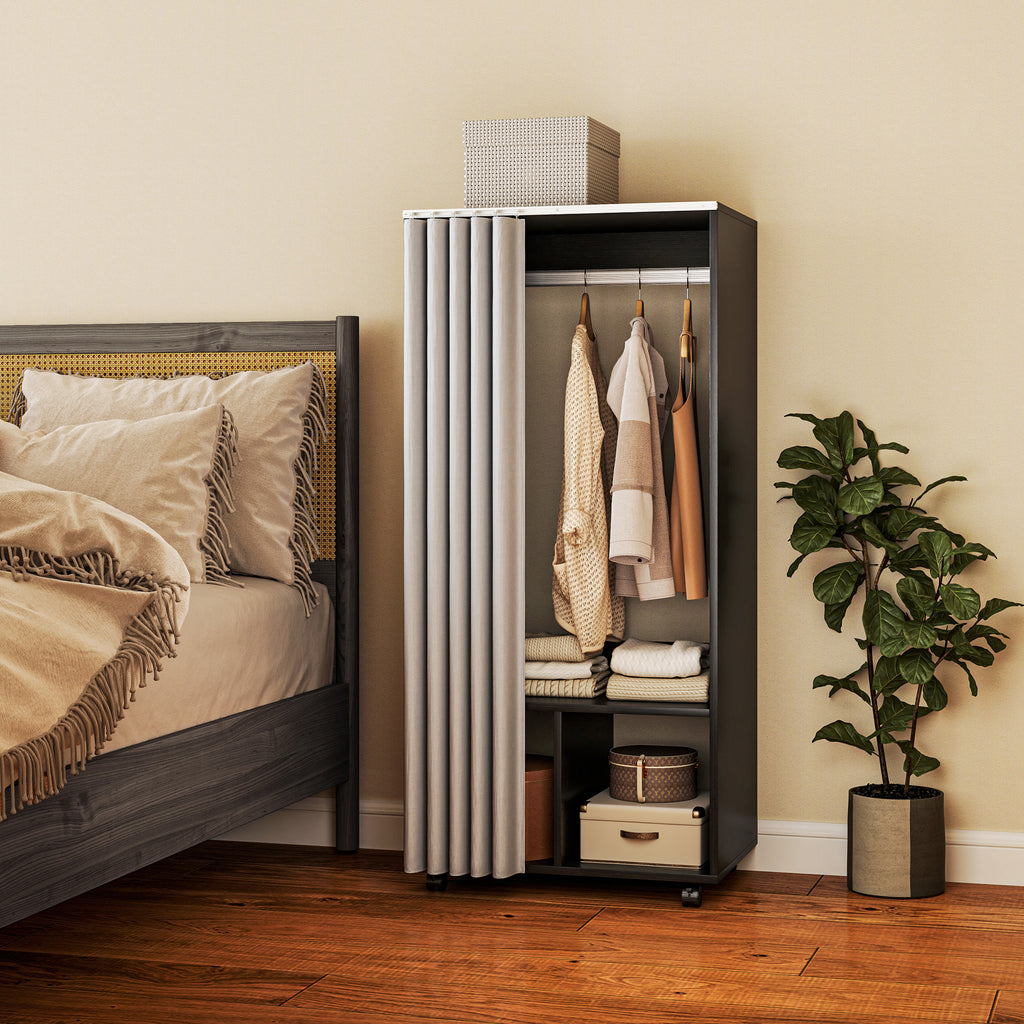 Armoire penderie Armoire de Rangement Mobile avec rideau, Panneaux de Particules, tringle de suspension, noir-1
