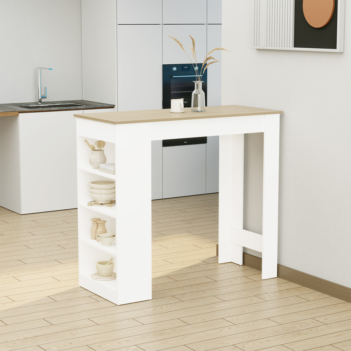 Table de bar pour 2 personnes, table haute mange debout avec 4 étagères ouvertes, 115x50x102,7cm, blanc et bois naturel-9