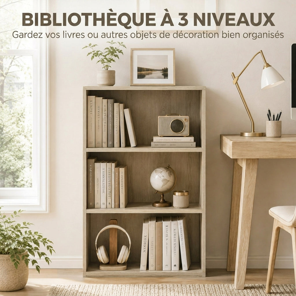 Bibliothèque étagère de rangement avec 3 compartiments et étagère réglable, 60 x 24 x 93 cm, bois naturel-4