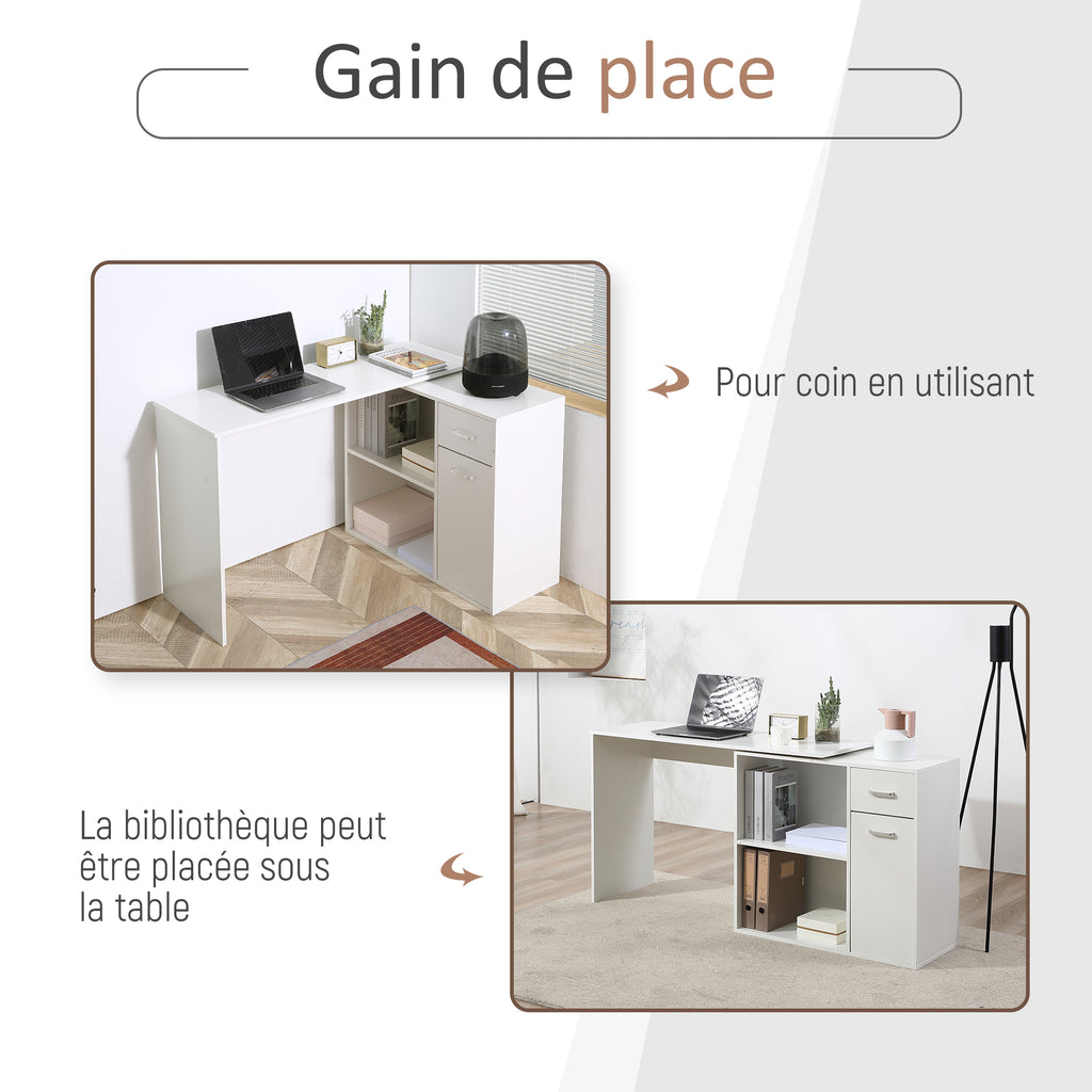 Bureau d'angle rotatif à 180°, bureau d'ordinateur, bibliothèque, tiroir, placard, poste de travail, 117x82x74cm, blanc-3