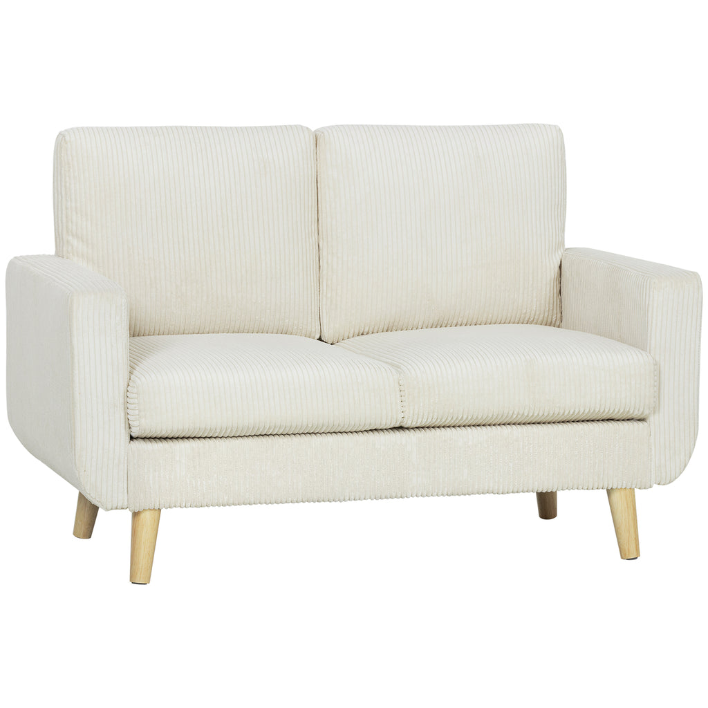 Canapé 2 places en velours côtelé, canapé de salon moderne 134 cm, assise rembourrée, coussin à ressorts, crème-0