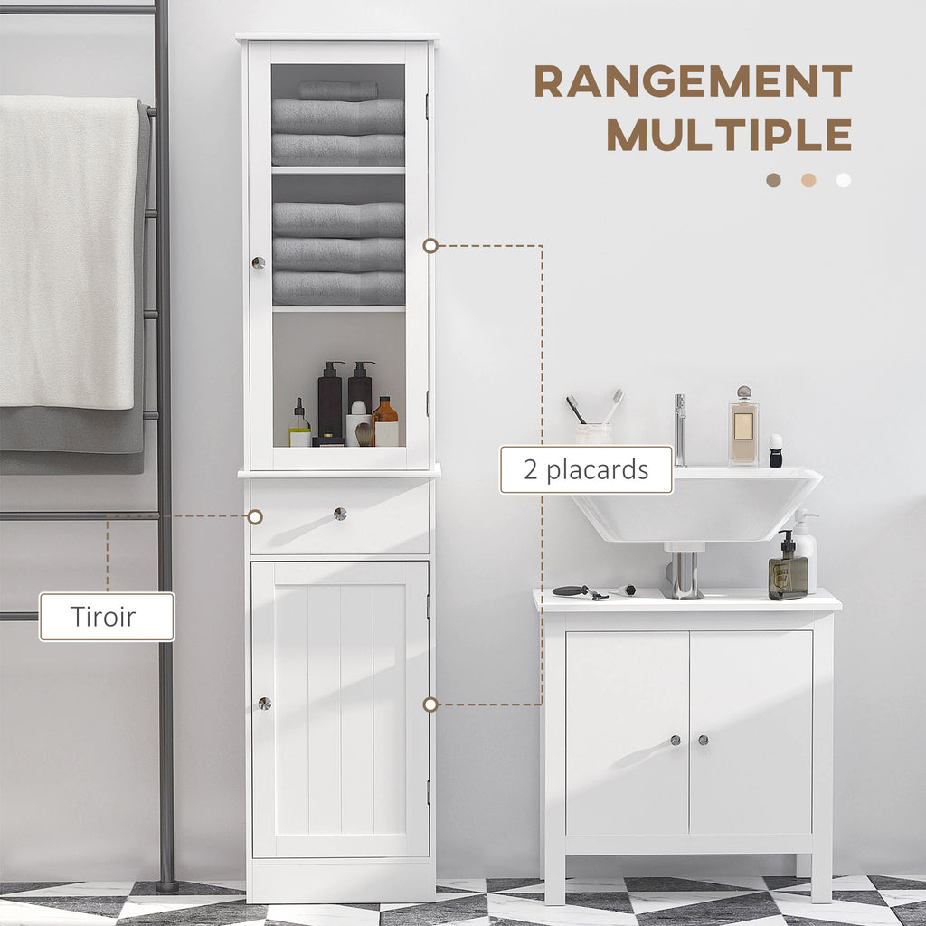 Meuble Colonne de Salle de Bain Placard Porte Acrylique 2 étagères Placard Porte 1 étagère tiroir MDF Blanc-3