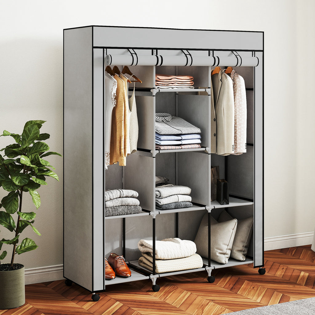 Armoire penderie multi-rangement - 8 étagères, 2 barres - non tissé gris-8