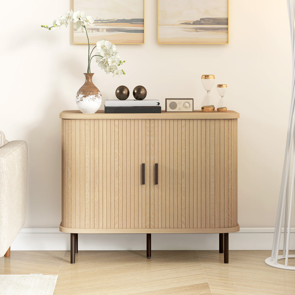 Buffet meuble de rangement avec portes coulissantes à lattes, armoire de cuisine avec pieds en acier, ton chêne-1