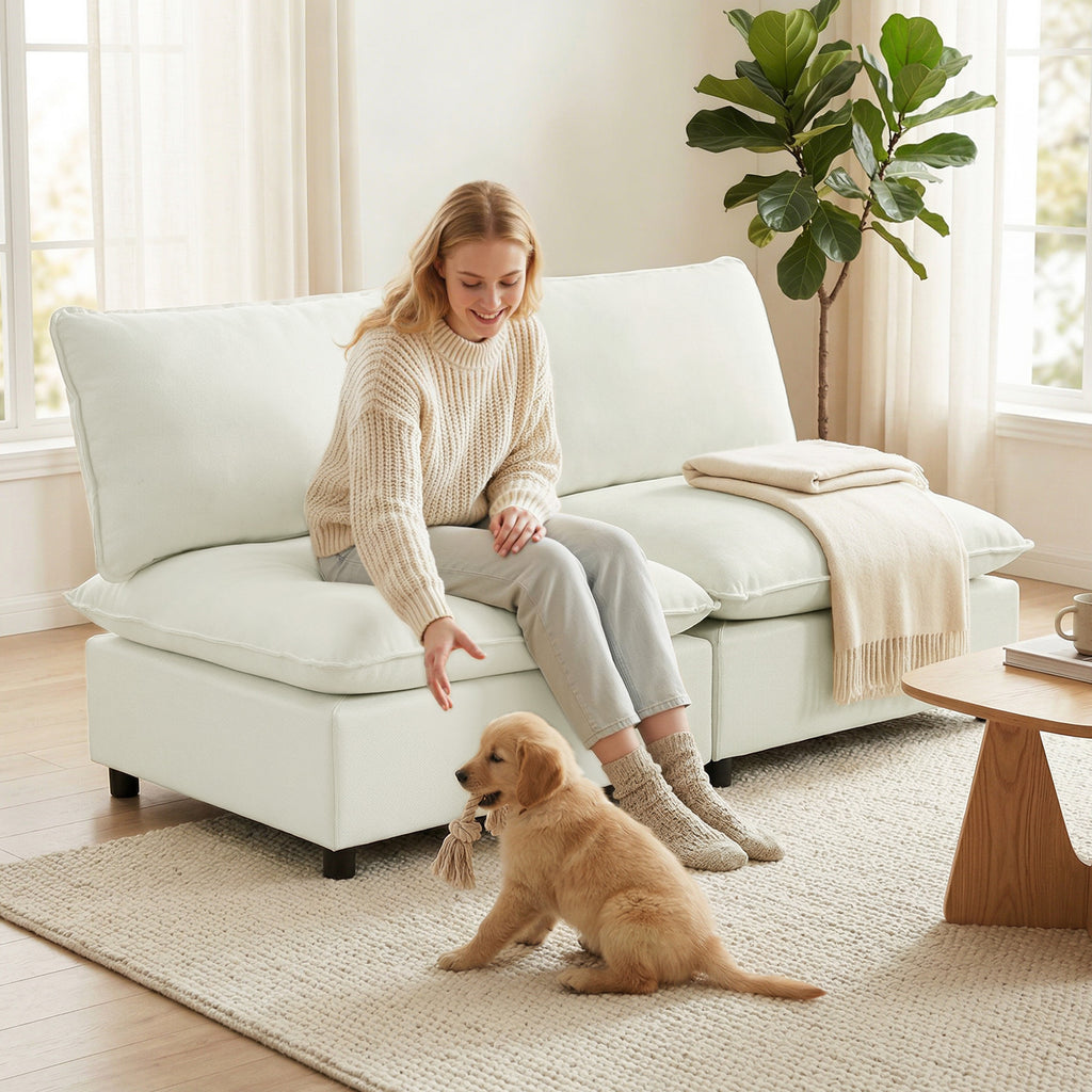 Canapé 2 places modulable, canapé de salon moderne 146 cm sans accoudoirs avec assise large, coussins épais, crème-7
