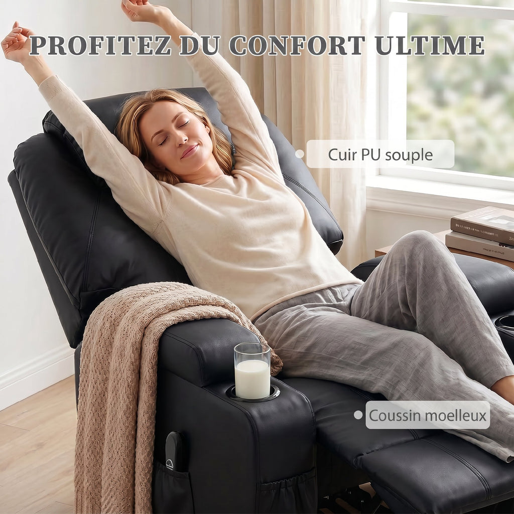 Fauteuil releveur électrique, fauteuil relax électrique, repose-pied, dossier inclinable, port USB, 83x95x107cm, noir-4