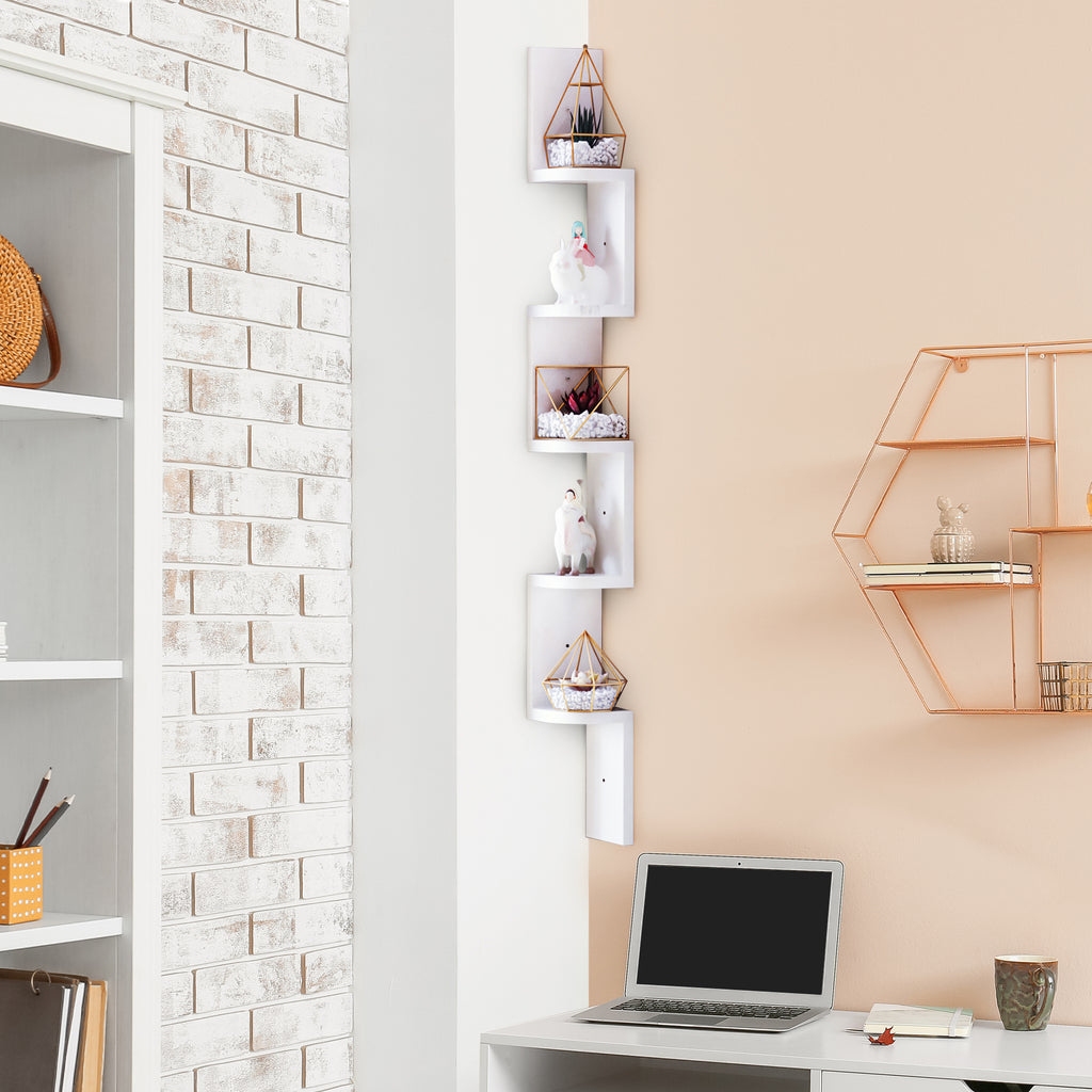 Étagère d'angle Murale à 5 Niveaux Hauteur 120 cm Forme de Zigzag en Bois Blanc-1