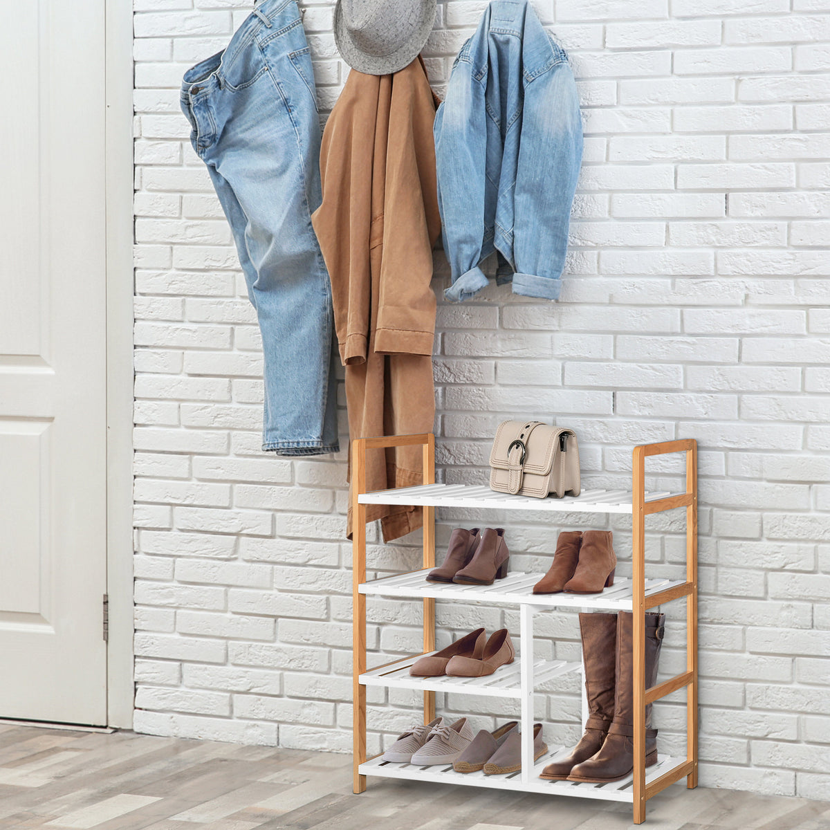 Etagère à Chaussures - étagère de Rangement - Meuble Chaussures 4 Niveaux Bois de pin étagères à Lattes MDF Blanc-8