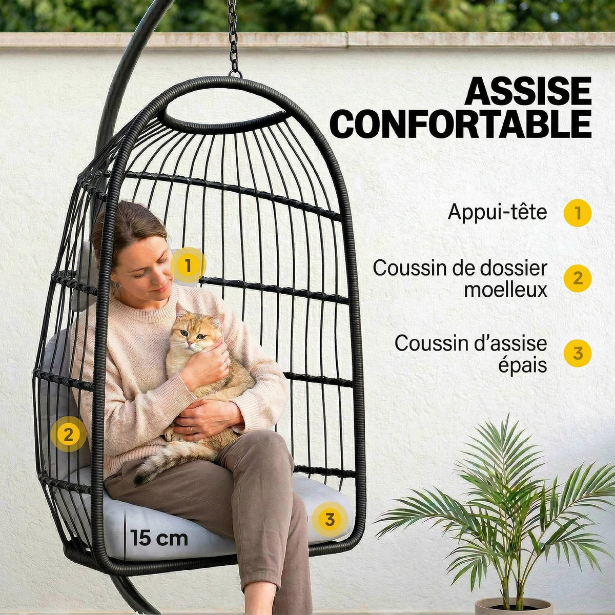 Fauteuil Œuf Suspendu Pliable avec Support Coussin 15cm et Appui-tête Gain de Place Résine Tressée 101x105x196cm Gris-5