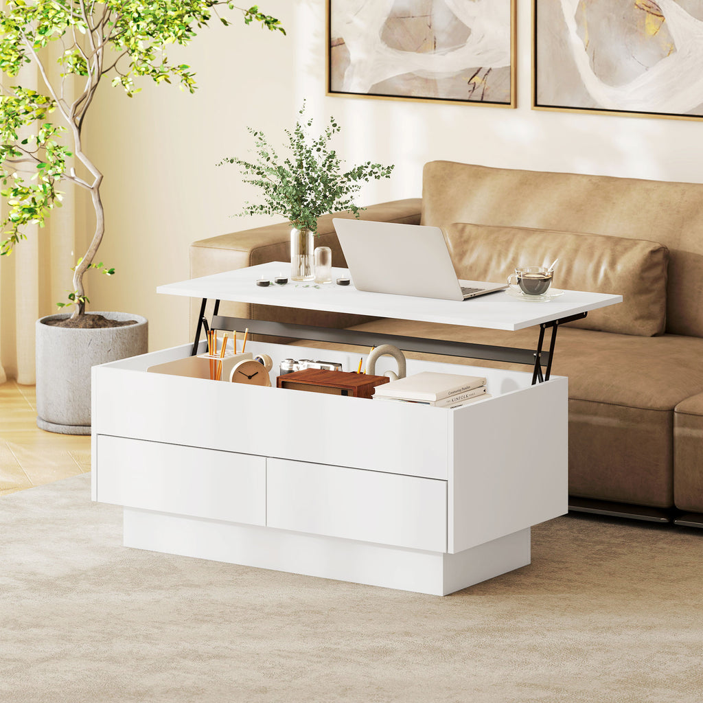 Table basse relevable, table de salon avec compartiment caché et 2 tiroirs, 100 x 50 x 44 cm, blanc-1
