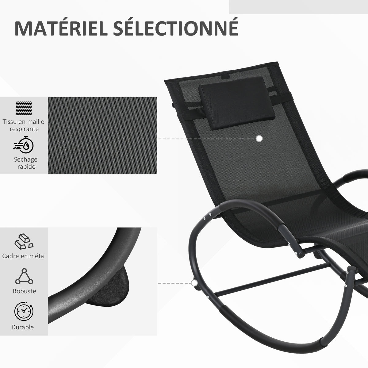 Chaise longue à bascule avec tétière utilisation extérieure intérieure noir-6