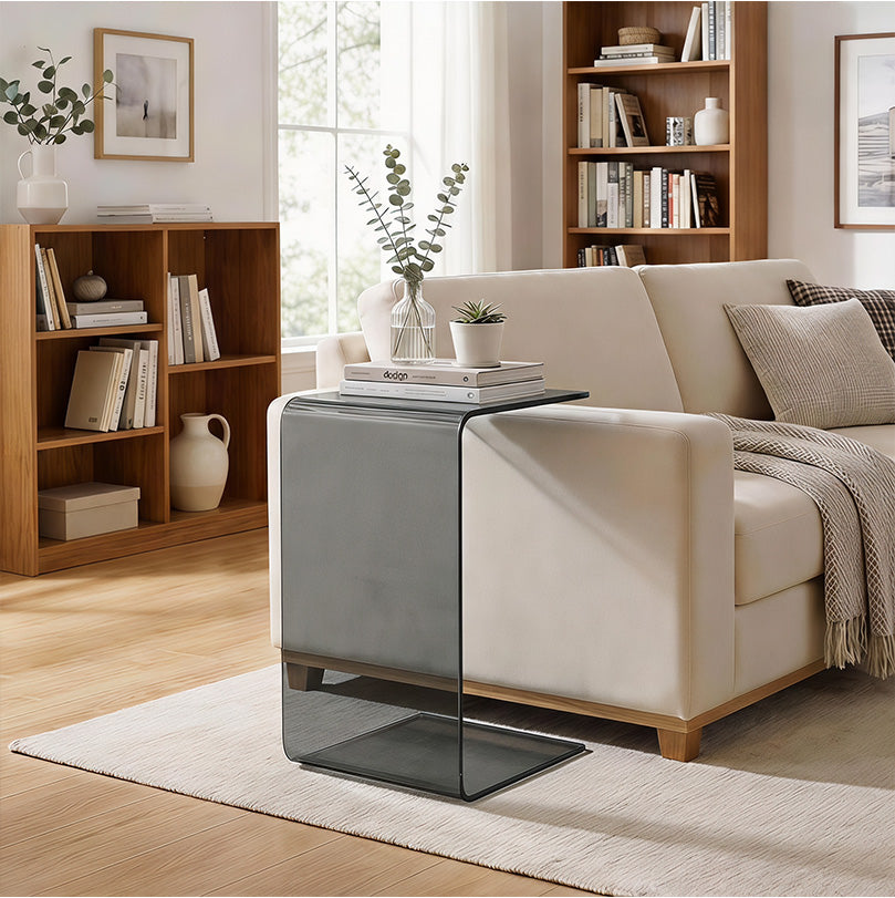 Table Basse en Verre, Table de Salon Rectangulaire Design Moderne avec Bords Arrondis Sûrs, Gris Clair Transparent-6