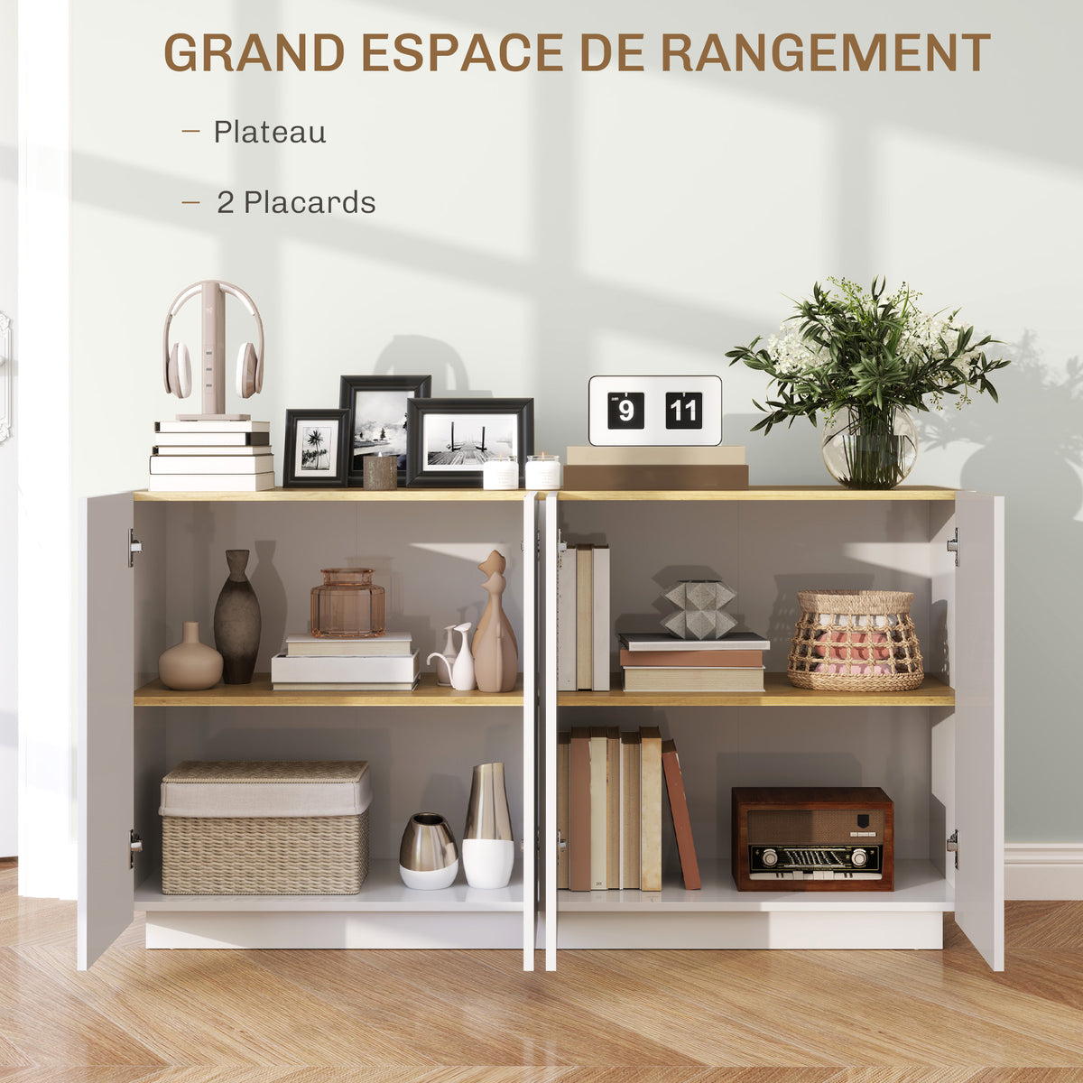 Buffet salle à manger buffet cuisine 4 portes à fermeture douce et étagères réglables 140l x 40P x 75H cm blanc laqué-3