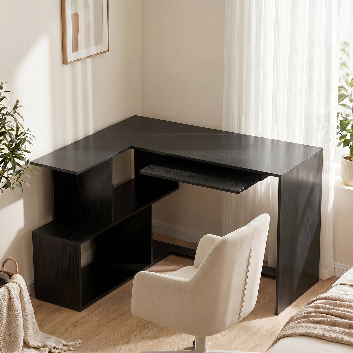 Bureau d'Angle, 120 x 100 x 76 cm, Bureau Informatique en L avec Plateau de Clavier, 4 Compartiments Ouverts, Noir-1