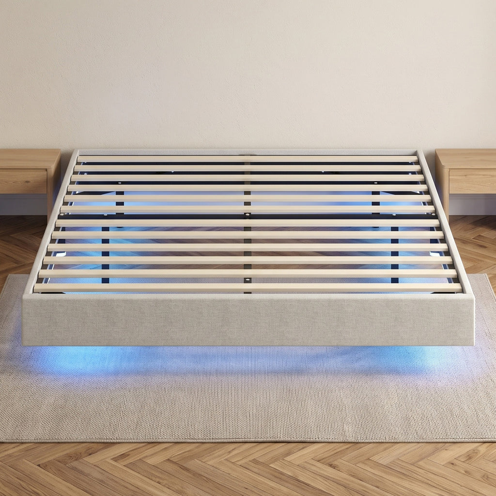 Lit Flottant 160 x 200 cm avec Éclairage LED Intelligent, Cadre de Lit Double Rembourré en Lin, Montage Facile, Beige-1