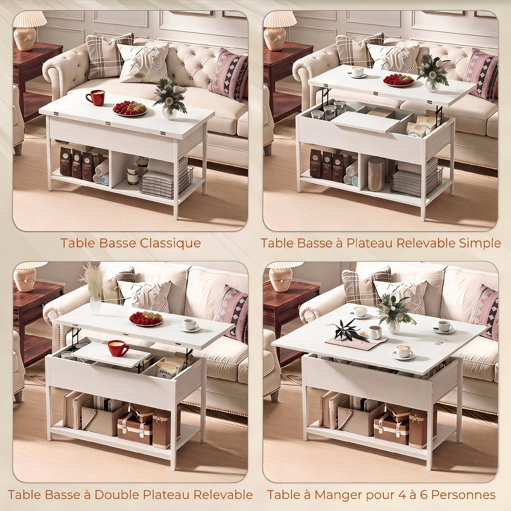 Table basse relevable et extensible, table de salon avec compartiment caché étagères ouvertes, 98x49x55cm, blanc-3