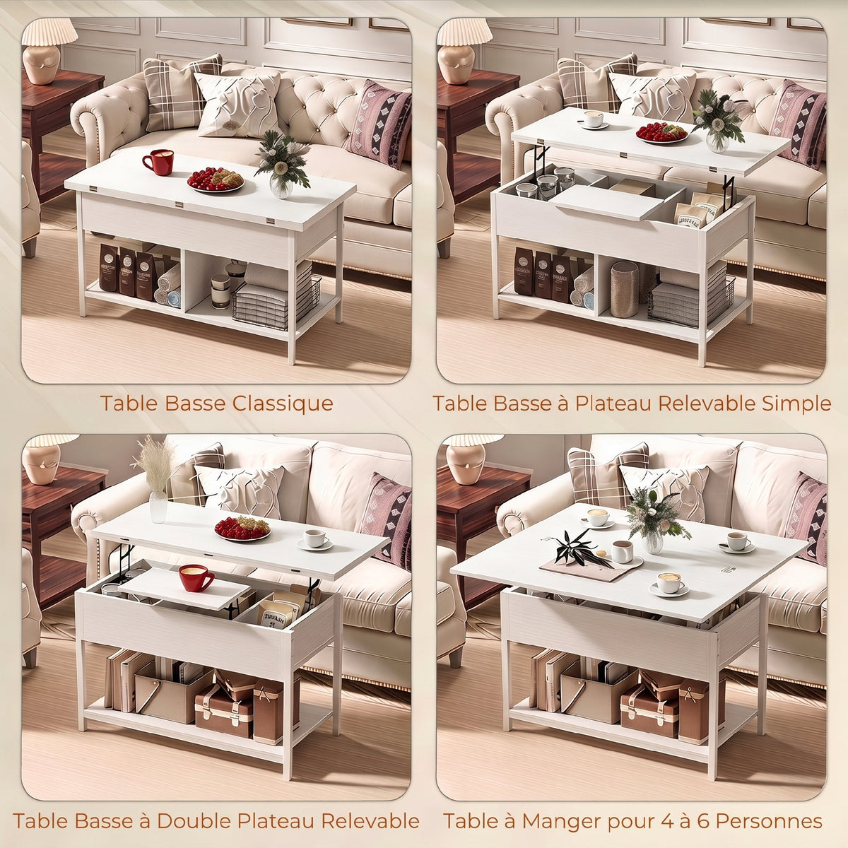 Table basse relevable et extensible, table de salon avec compartiment caché étagères ouvertes, 98x49x55cm, blanc-3