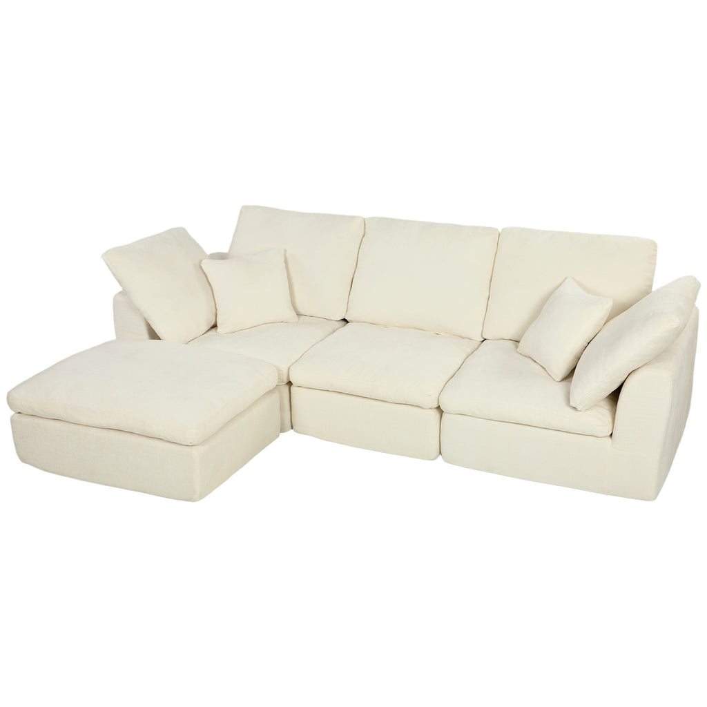 Canapé 3 Places avec Pouf Réversible, Canapé d'Angle Modulable en Chenille 254 cm Moderne, Assise Large, Crème-0