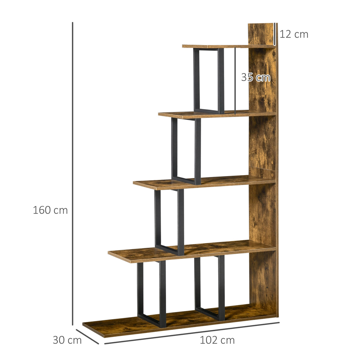 Étagère bibliothèque séparateur de pièce style industriel en escalier 5 étagères 102 x 30 x 160 cm, brun rustique-2