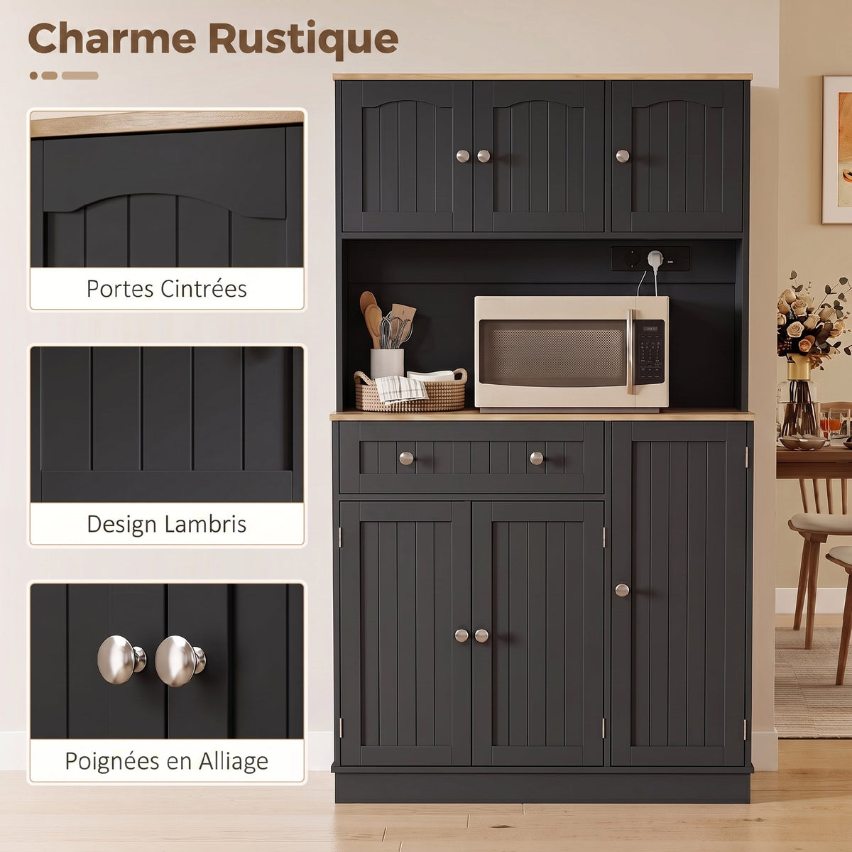 Buffet haut cuisine, armoire de cuisine, station de charge, 6 portes, plan de travail, porte-épices, 100x40x173cm, noir-6