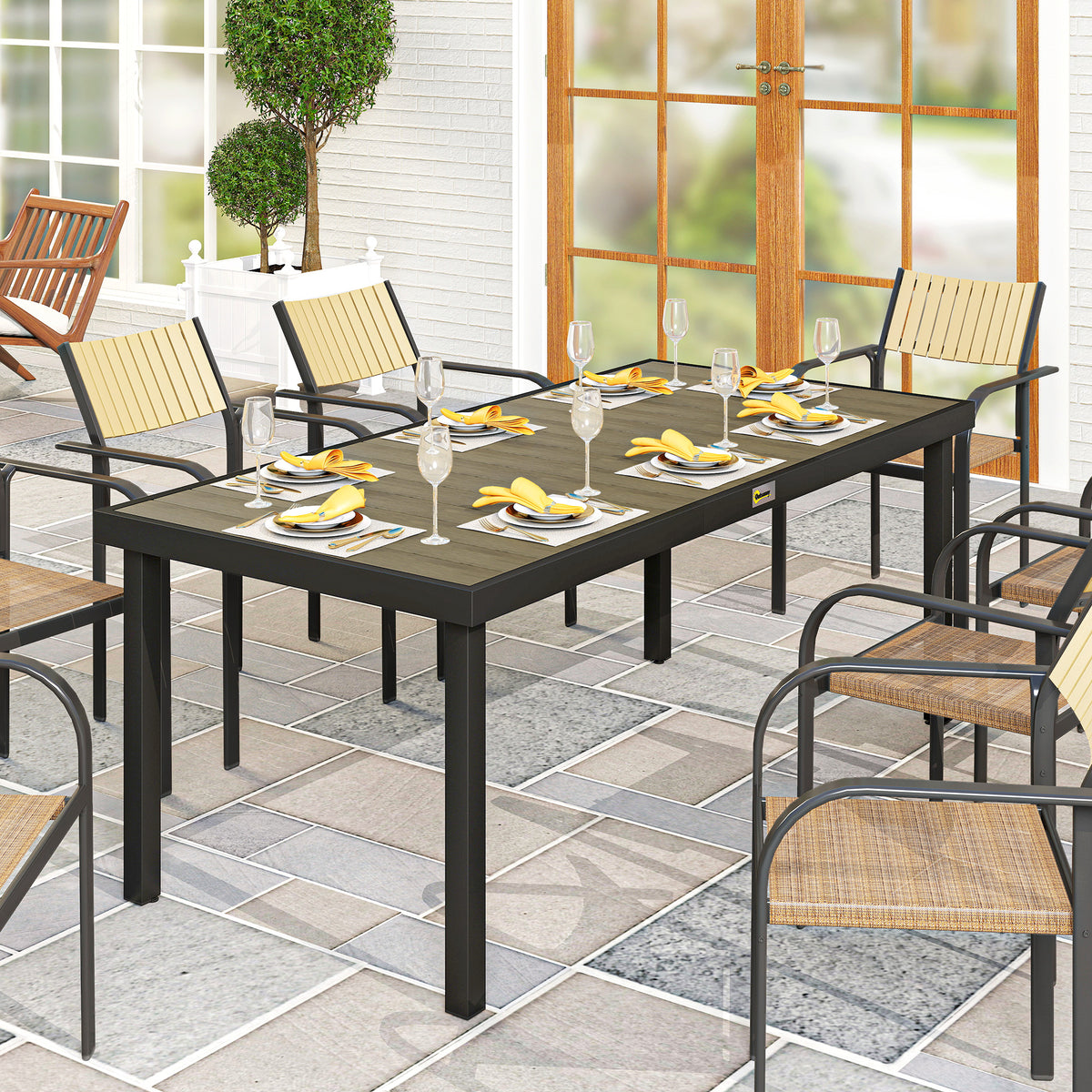 Table de jardin rectangulaire pour 8 personnes en aluminium table de salle à manger extétieur plateau PE à lattes-1