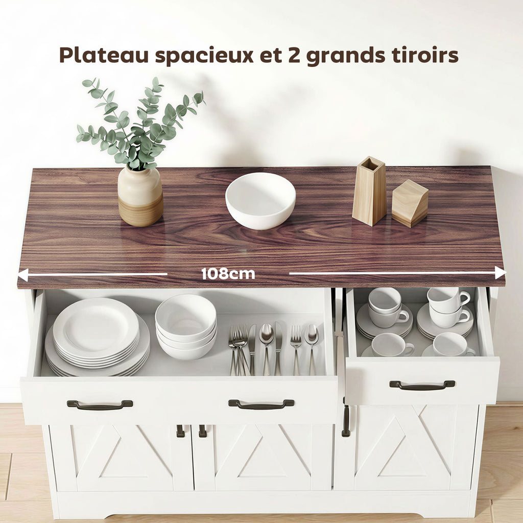 Buffet cuisine, meuble de rangement avec 3 portes de grange, 2 tiroirs et étagères réglables, 108 x 40 x 81 cm, blanc-4