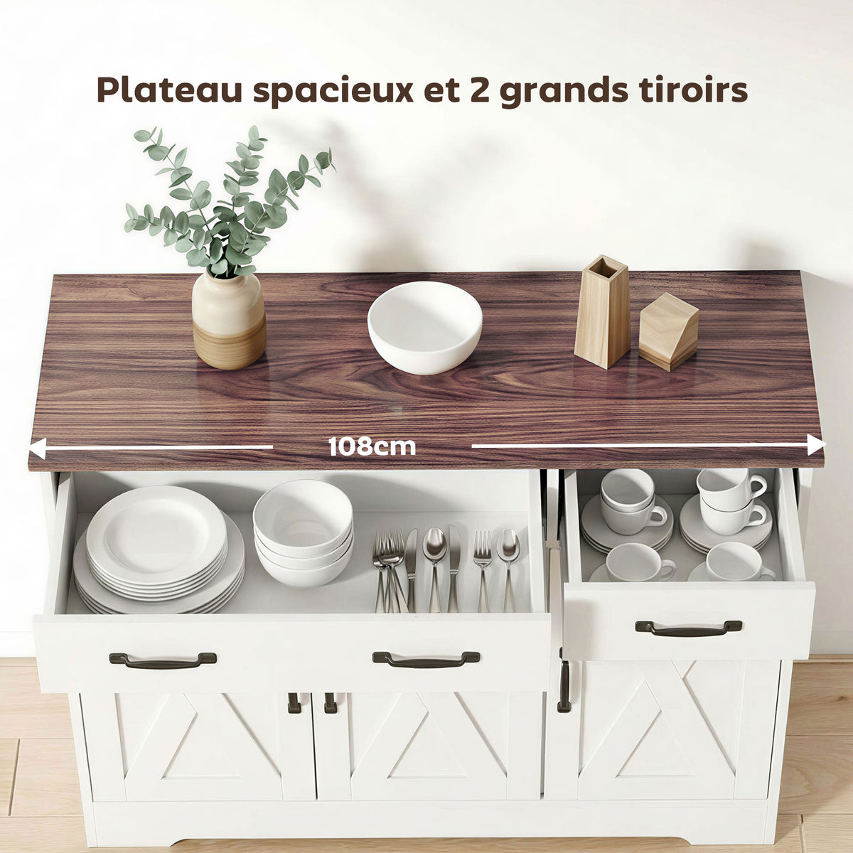Buffet cuisine, meuble de rangement avec 3 portes de grange, 2 tiroirs et étagères réglables, 108 x 40 x 81 cm, blanc-4