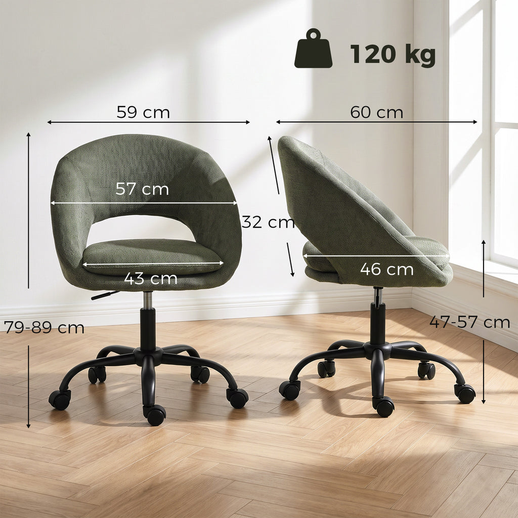 Chaise Bureau Ergonomique en Chenille, Hauteur Réglable, Accoudoirs Intégrés, Pivotant 360°, 59x60x79-89cm, Vert Foncé-2