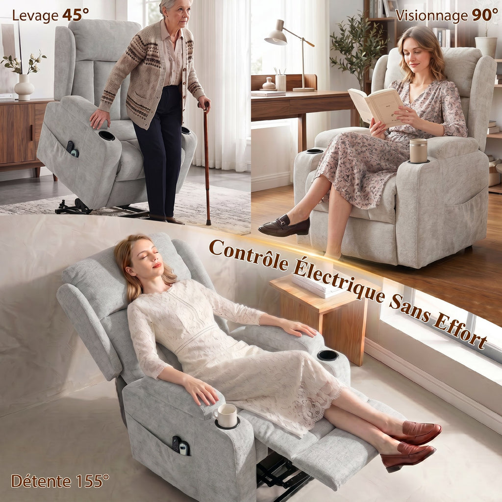 Fauteuil Releveur Électrique Massage et Chauffage, Fauteuil Relax Électrique en Chenille, Appui-tête Pliable, Gris Clair-5