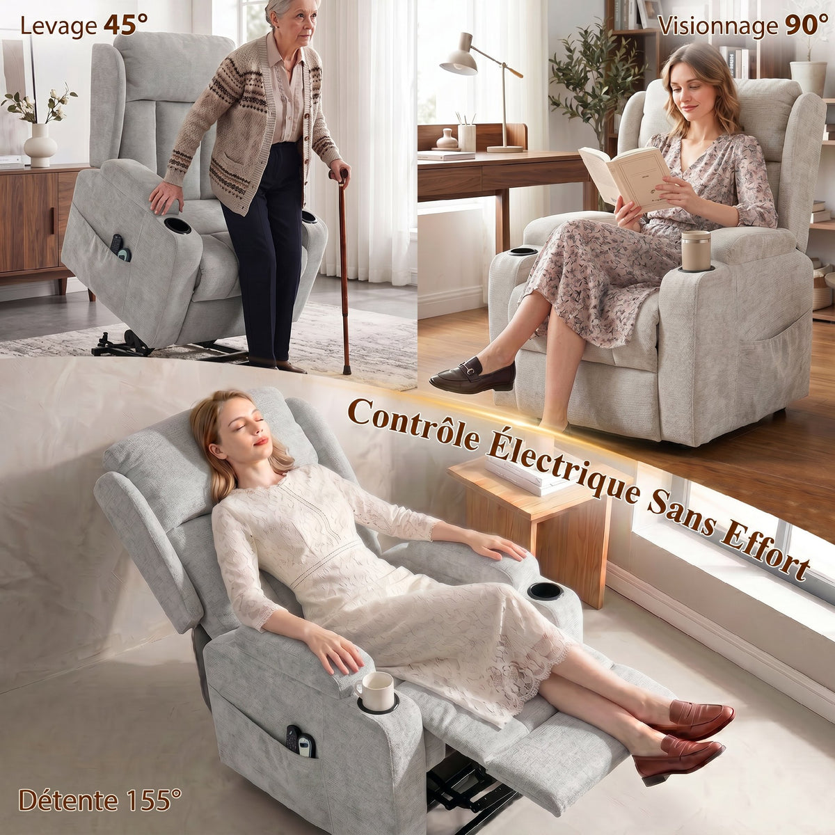 Fauteuil Releveur Électrique Massage et Chauffage, Fauteuil Relax Électrique en Chenille, Appui-tête Pliable, Gris Clair-5