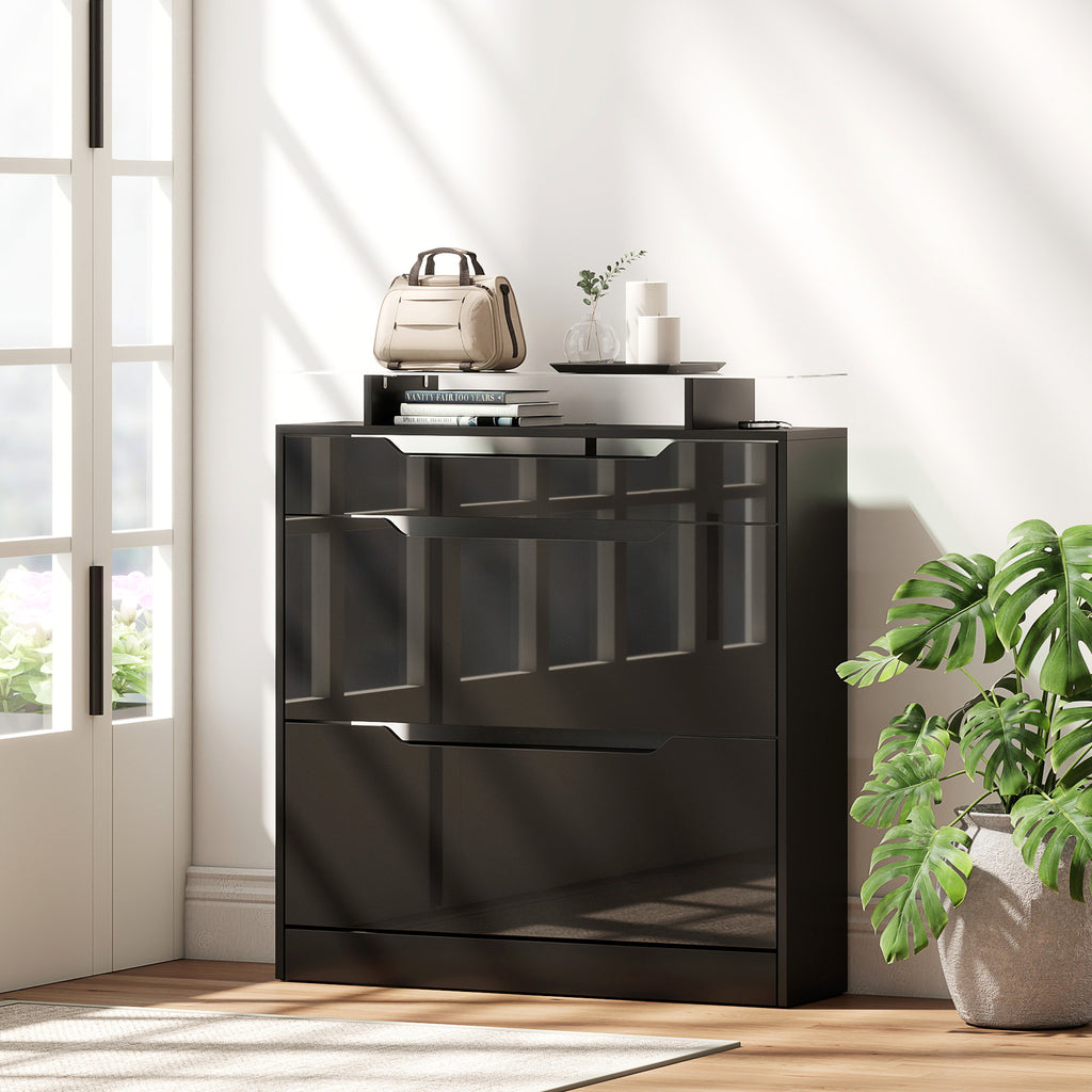 Armoire à Chaussures, 2 Tiroirs Rabattables, 1 Tiroir Coulissant, 1 Comptoir, 89x23x96cm, Noir-9