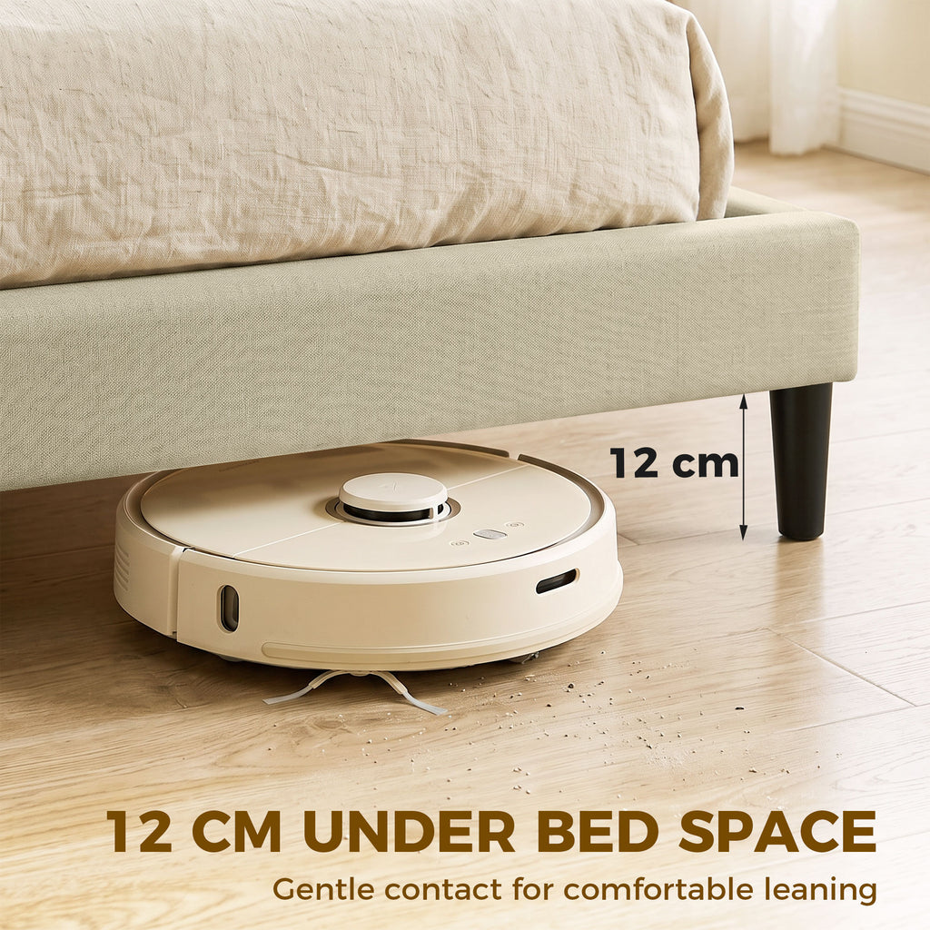Cadre de Lit 160 x 200 cm avec Sommier en Bois, Rembourré en Effet Lin, Cadre en Acier, 9 Pieds Robustes, Beige-7