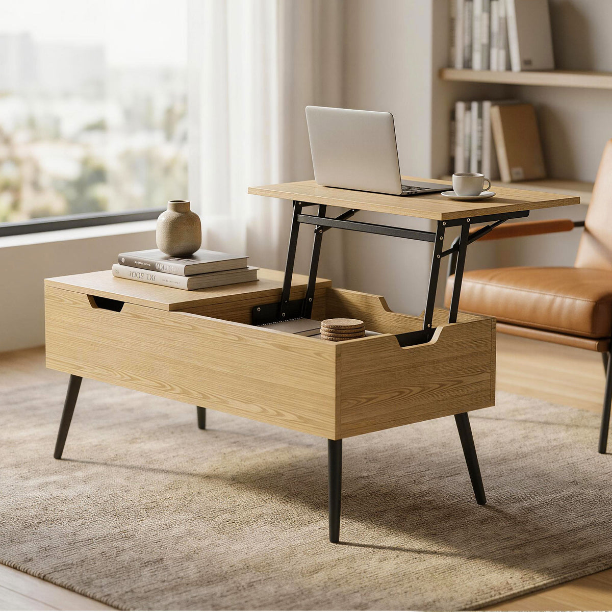 Table basse relevable avec double plateau, table de salon avec compartiment caché et pieds en métal, bois naturel-8