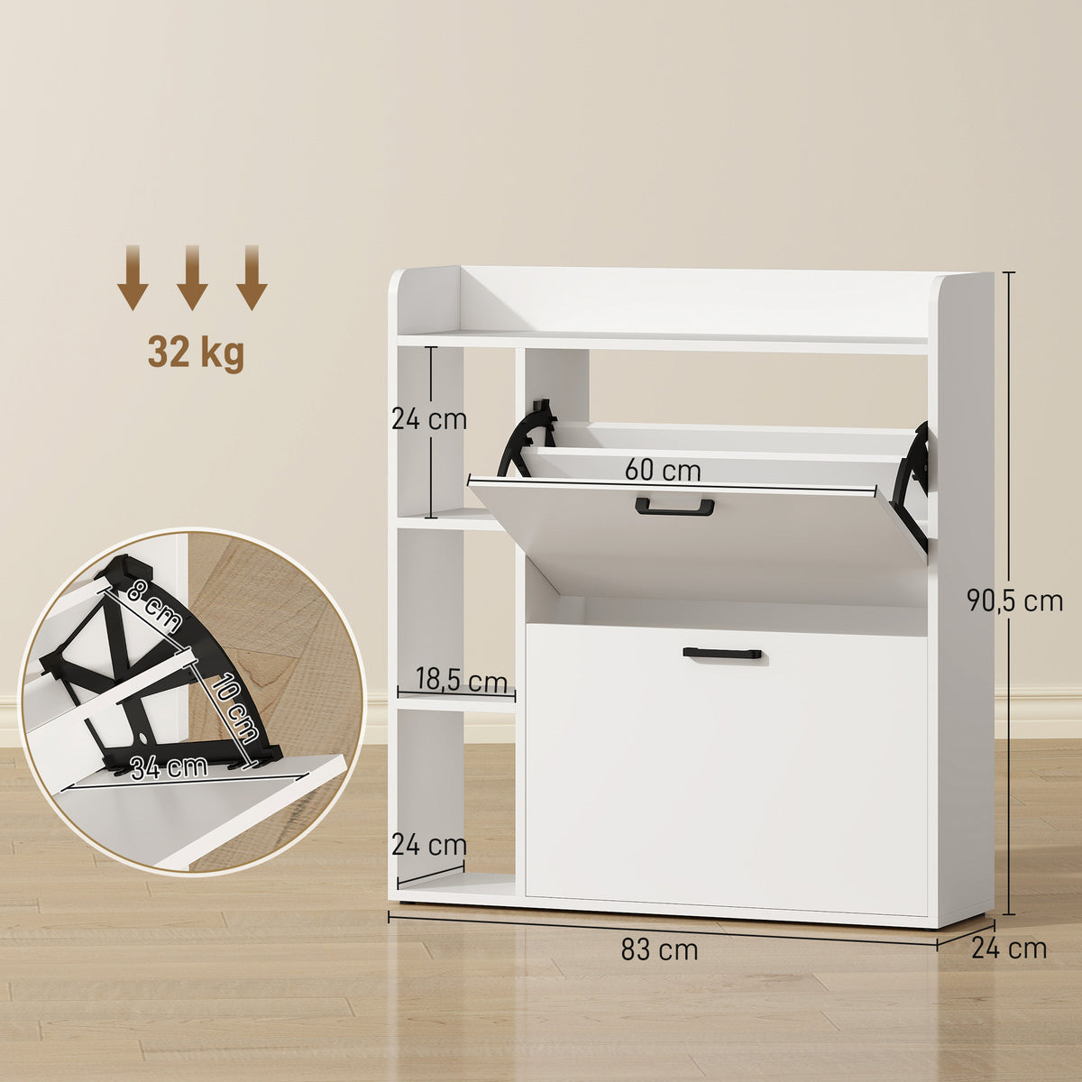 Meuble à chaussures 15 paires, armoire à chaussures moderne avec 2 tiroirs rabattables, 83x24x90,5cm, blanc-2