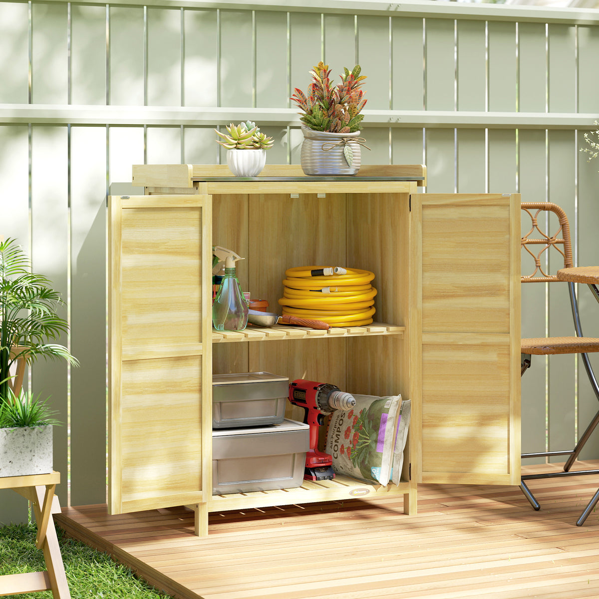 Armoire de jardin, armoire extérieure de rangement en bois, plan de travail en métal galvanisé, 71,5x39x95cm, naturel-8
