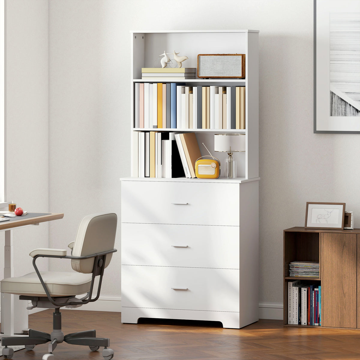 Bibliothèque à 6 niveaux, meuble de rangement avec 3 tiroirs et 3 étagères ouvertes, 79 x 39,5 x 182,2 cm, blanc-9