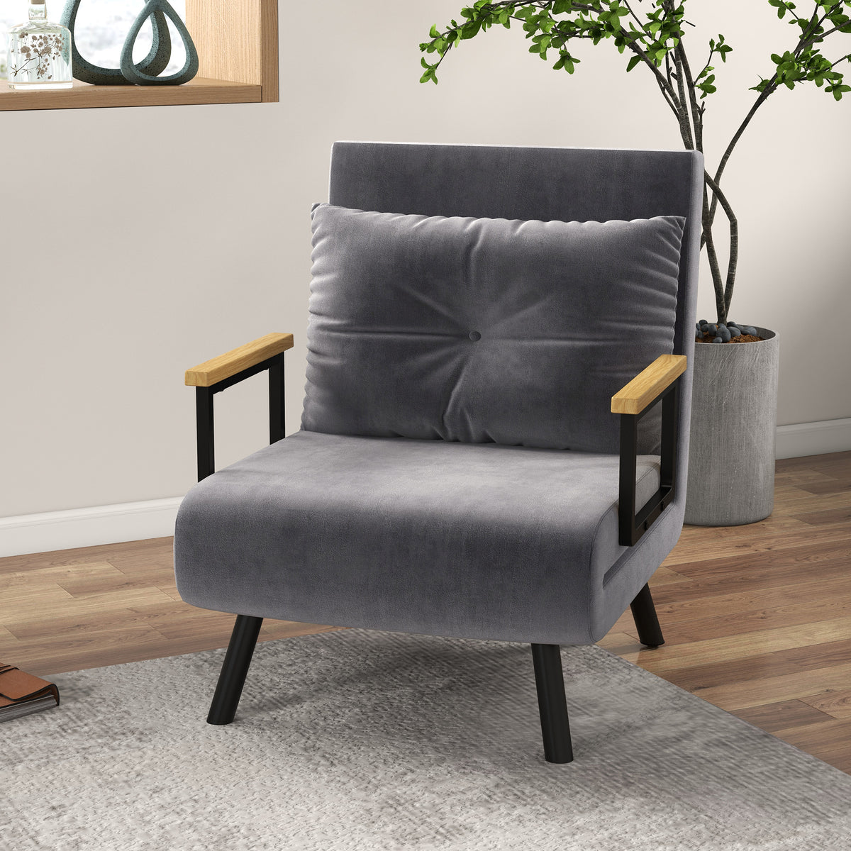 Fauteuil convertible 1 place fauteuil-lit chauffeuse 3 en 1 dossier réglable oreiller tissu velours 63x73x81cm gris-1