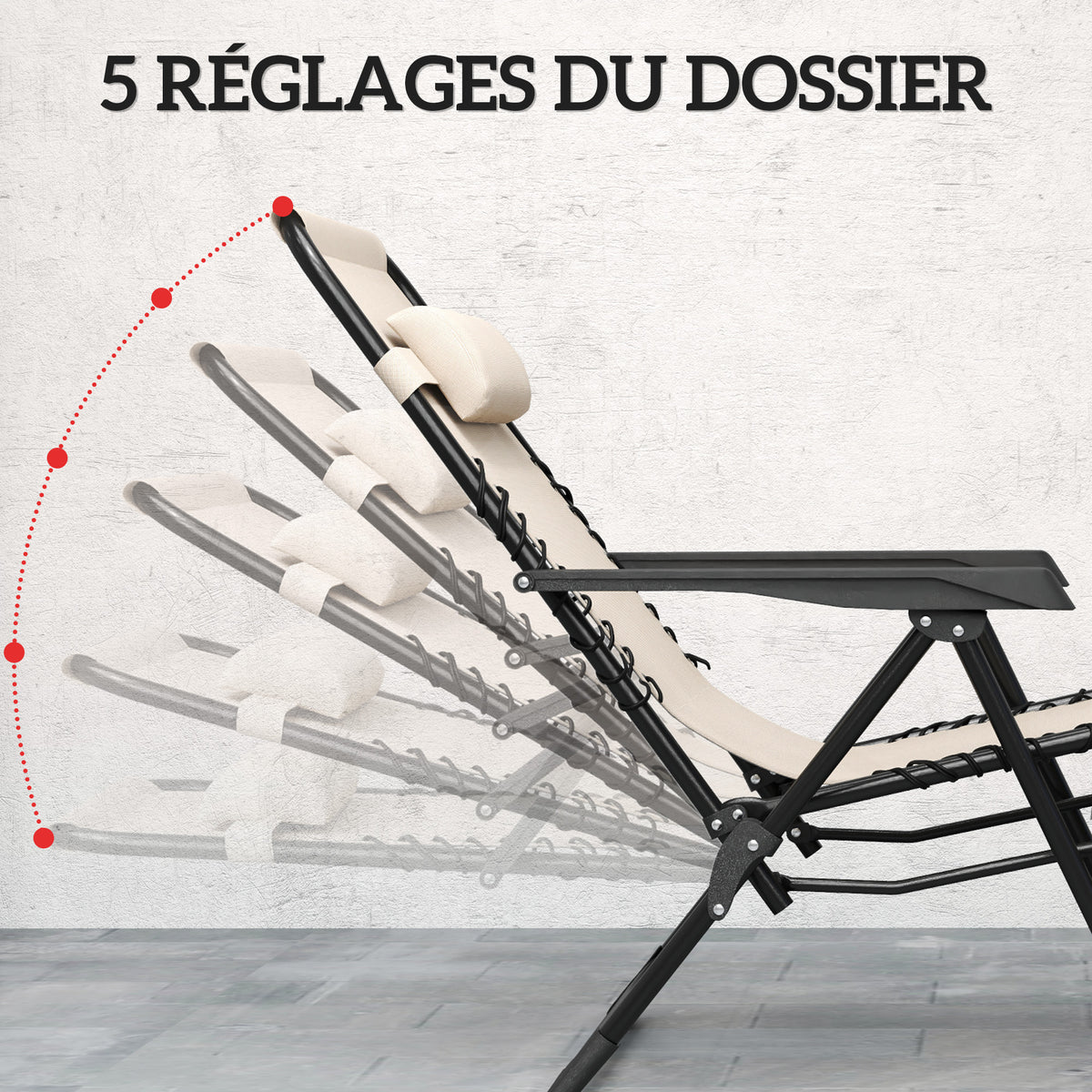 Lot de 2 chaise longue pliable et inclinable avec table d'appoint, porte-gobelets et appuie-têtes, charge 120 kg, beige-3