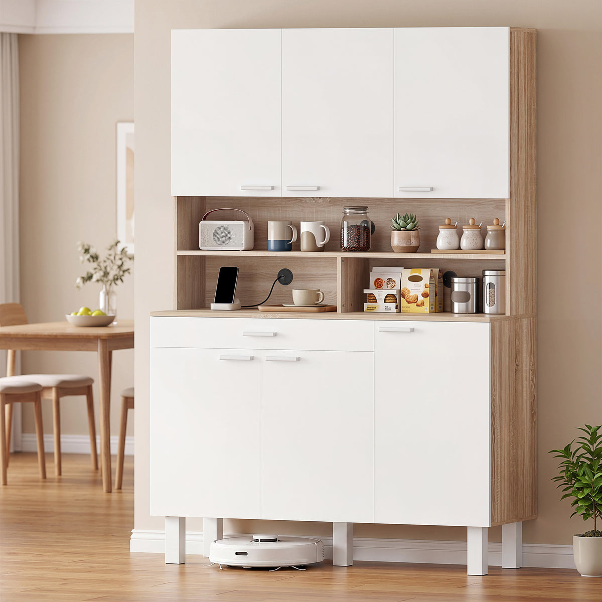 Buffet haut cuisine, armoire de cuisine, 6 portes, tiroir et étagères ouvertes, 120x40x175cm, blanc et bois naturel-1