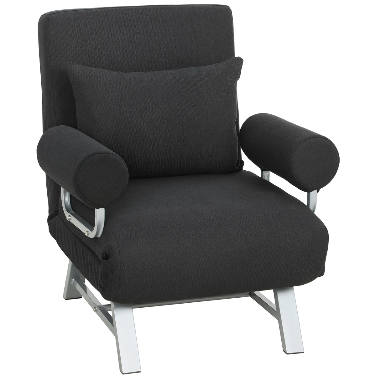 Fauteuil chauffeuse canapé-lit Convertible inclinable 1 Place Coussin lombaires accoudoirs piètement métal Lin Noir-0