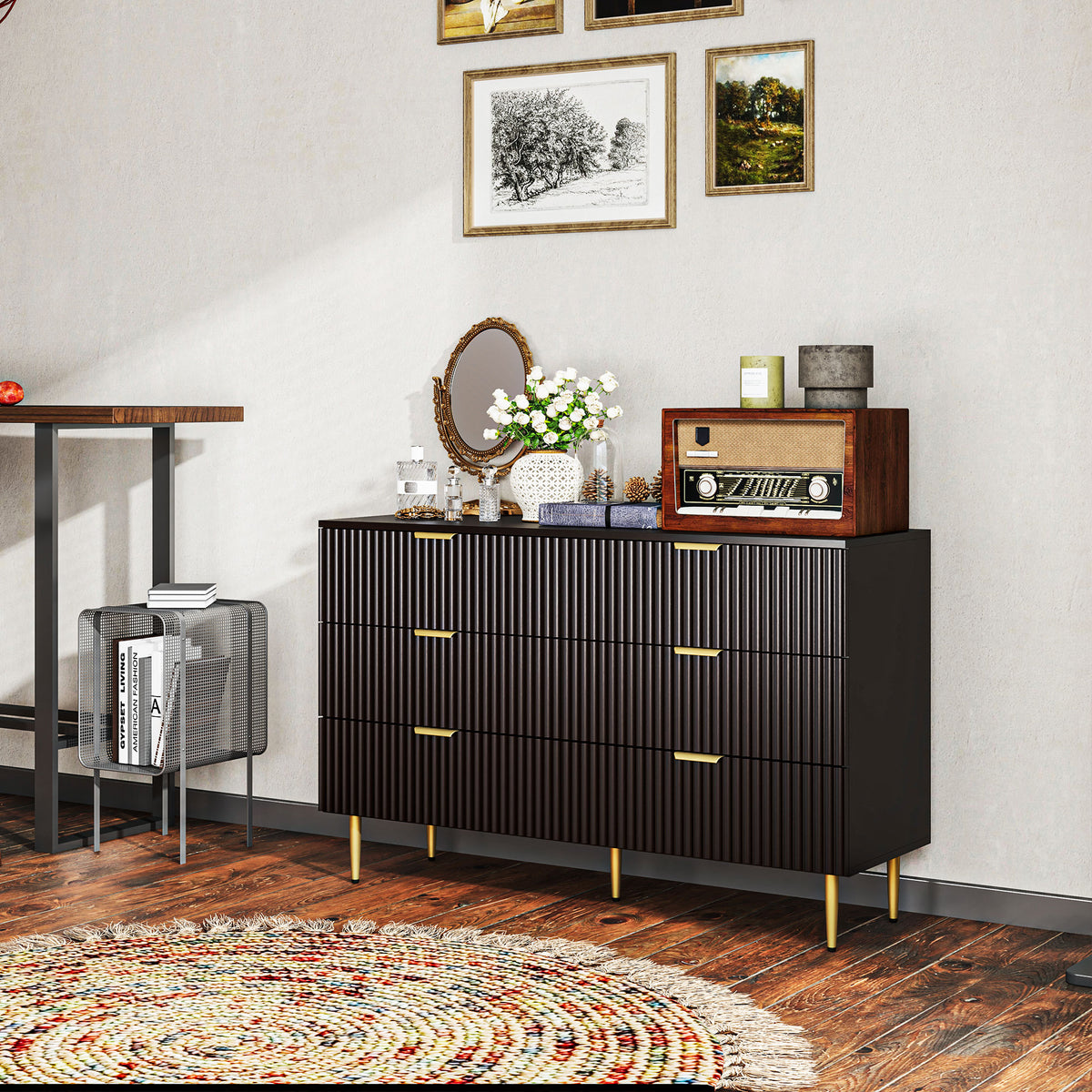Commode 6 tiroirs commode chambre meuble de rangement moderne avec poignées et pieds dorés, 120 x 40 x 76,5 cm, noir-9