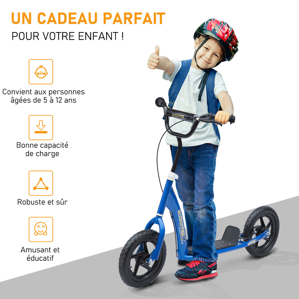 Trottinette enfant patinette pneus 30 cm Hauteur Guidon réglable poignée Frein et béquille Acier pour enfants à partir de 5 ans Bleu-3