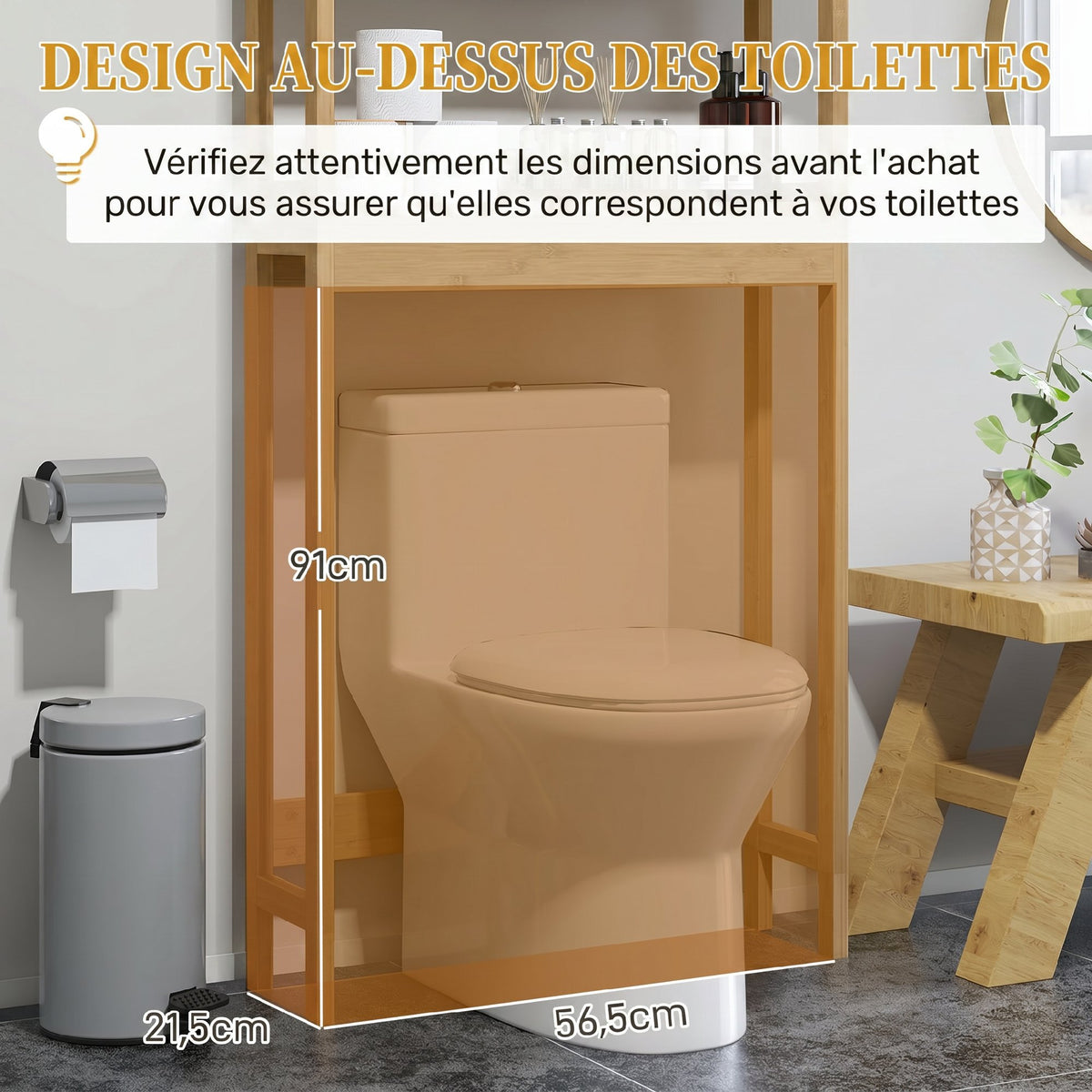 Étagère de toilettes meuble de salle de bain dessus toilette WC avec placard 2 portes et étagère ouverte bambou-4