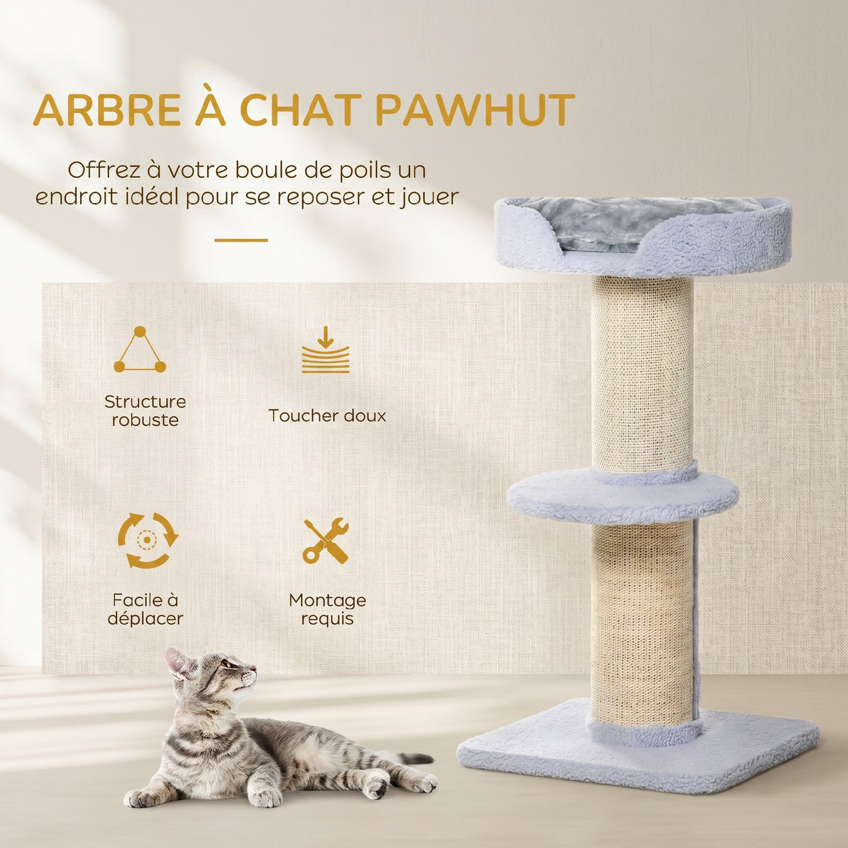 Arbre à chat avec griffoir centre d'activités 2 plateformes coussin bleu clair-3