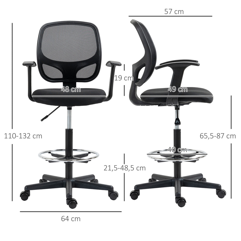 Chaise bureau ergonomique, chaise de dessin, repose-pieds, dossier en maille, hauteur réglable, 64x57x110-132cm, noir-2