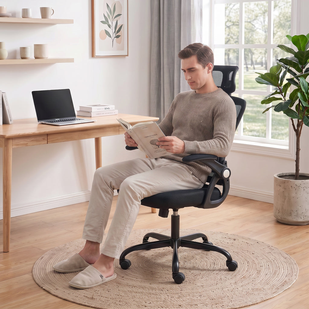 Chaise Bureau Ergonomique, Accoudoirs Relevables, Appui-tête, Fonction Basculante, Hauteur Réglable, 59x62x125cm, Noir-8